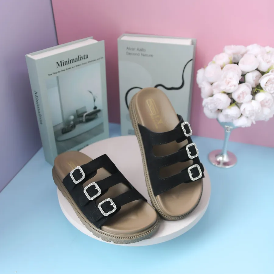 Dép Nữ TGG 629-9 Màu Đen Da Lộn Quai Đính Đá Size 36