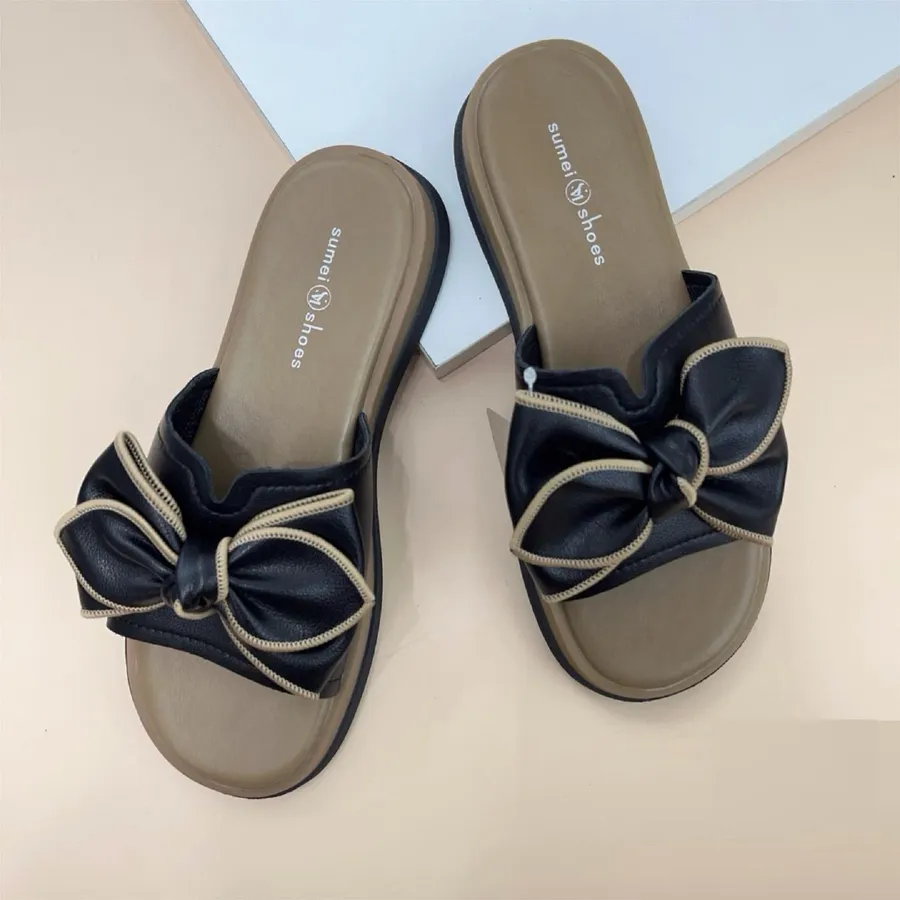 Dép Nữ TGG 7085 Đính Nơ Da Sần Màu Đen Size 35