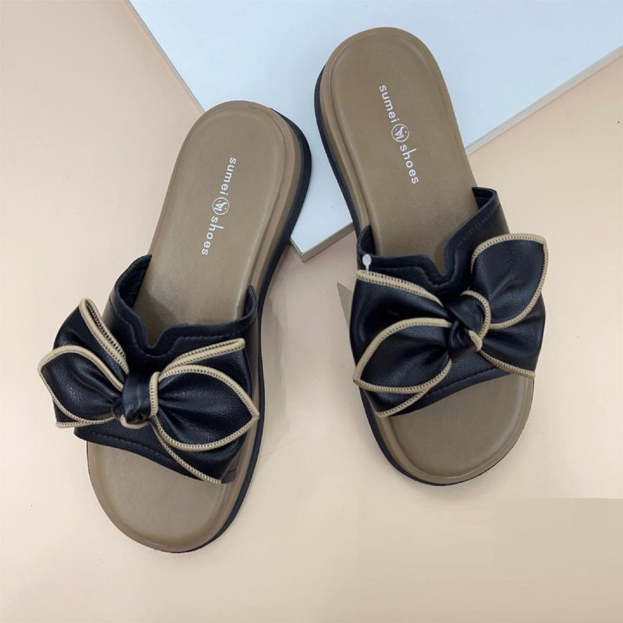Dép Nữ TGG 7085 Đính Nơ Da Sần Màu Đen Size 38