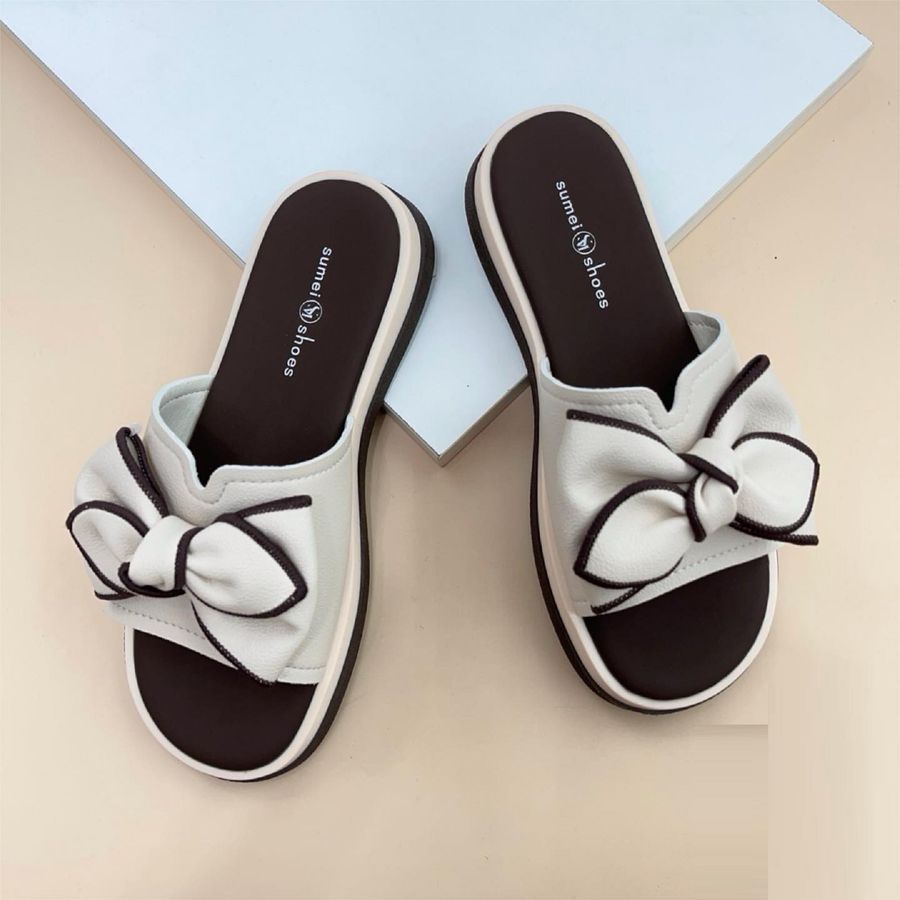 Dép Nữ TGG 7085 Đính Nơ Da Sần Màu Kem Size 36