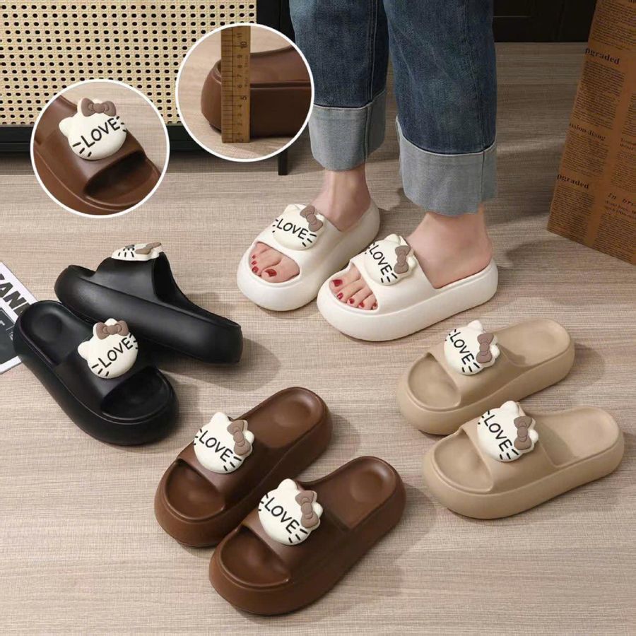 Dép Quai Ngang Nữ TGG 2002 Đính Mặt Mèo Love Màu Be Đậm Size 35-36
