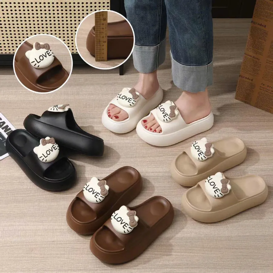 Dép Quai Ngang Nữ TGG 2002 Đính Mặt Mèo Love Màu Be Đậm Size 39-40