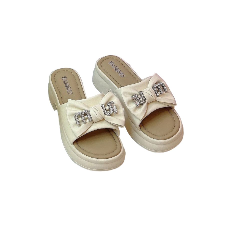 Dép Quai Ngang Nữ TGG 8803 Đính Nơ Màu Be Size 36