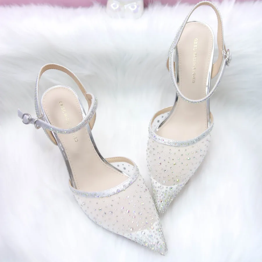 Giày Cao Gót Nữ TGG 300-52 Màu Bạc Vải Lưới Đính Đá Size 38