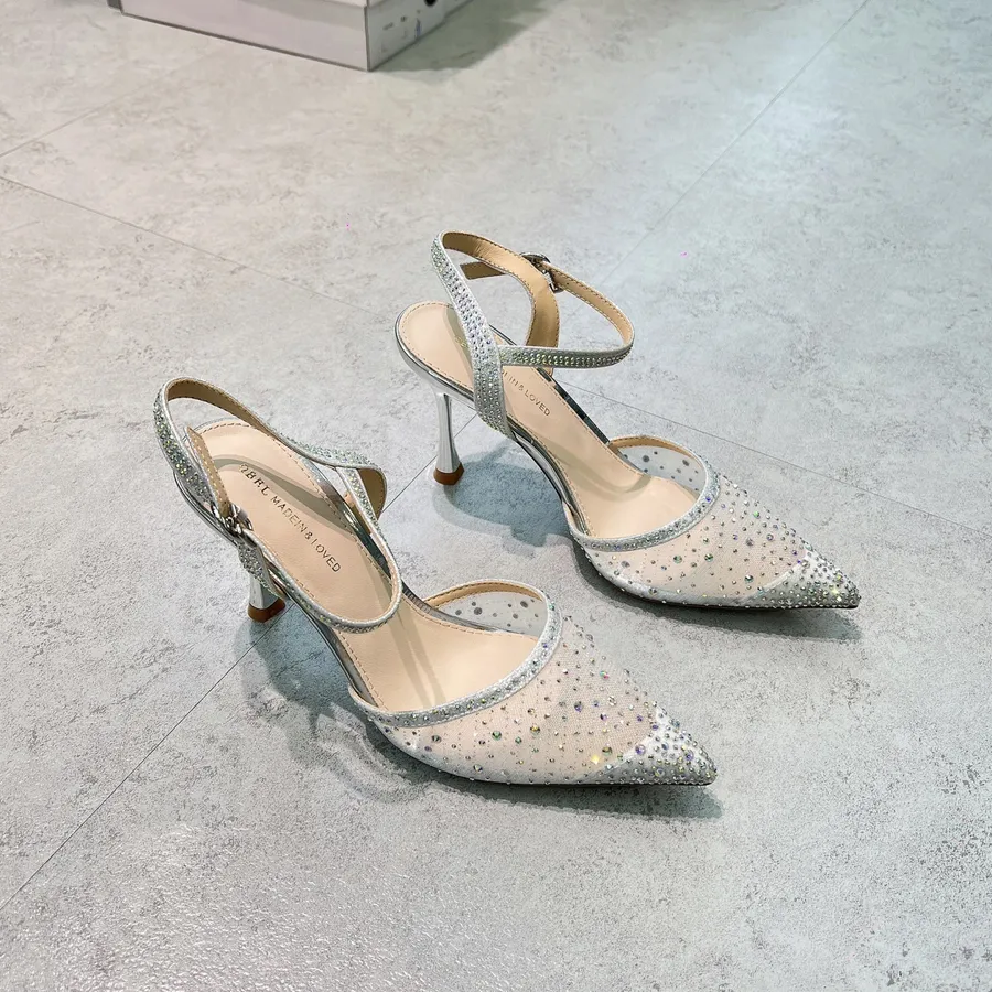 Giày Cao Gót Nữ TGG 300-52 Màu Bạc Vải Lưới Đính Đá Size 38