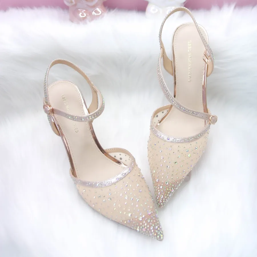 Giày Cao Gót Nữ TGG 300-52 Màu Kem Vải Lưới Đính Đá Size 37