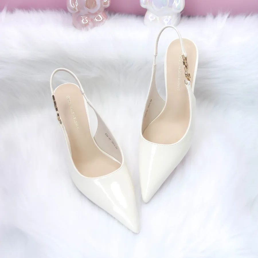 Giày Cao Gót Nữ TGG 556-31 Màu Trắng Da Bóng Quai YSL Size 37