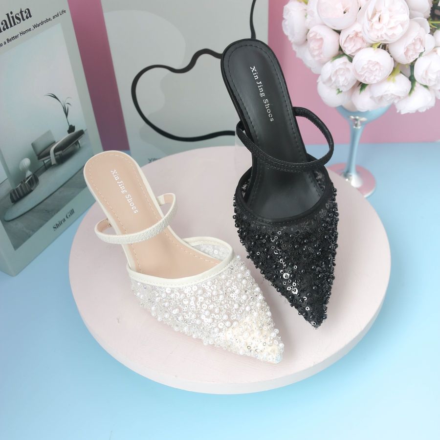 Giày Sục Cao Gót TGG 669-205 Màu Đen Phối Lưới Đính Hạt Size 38
