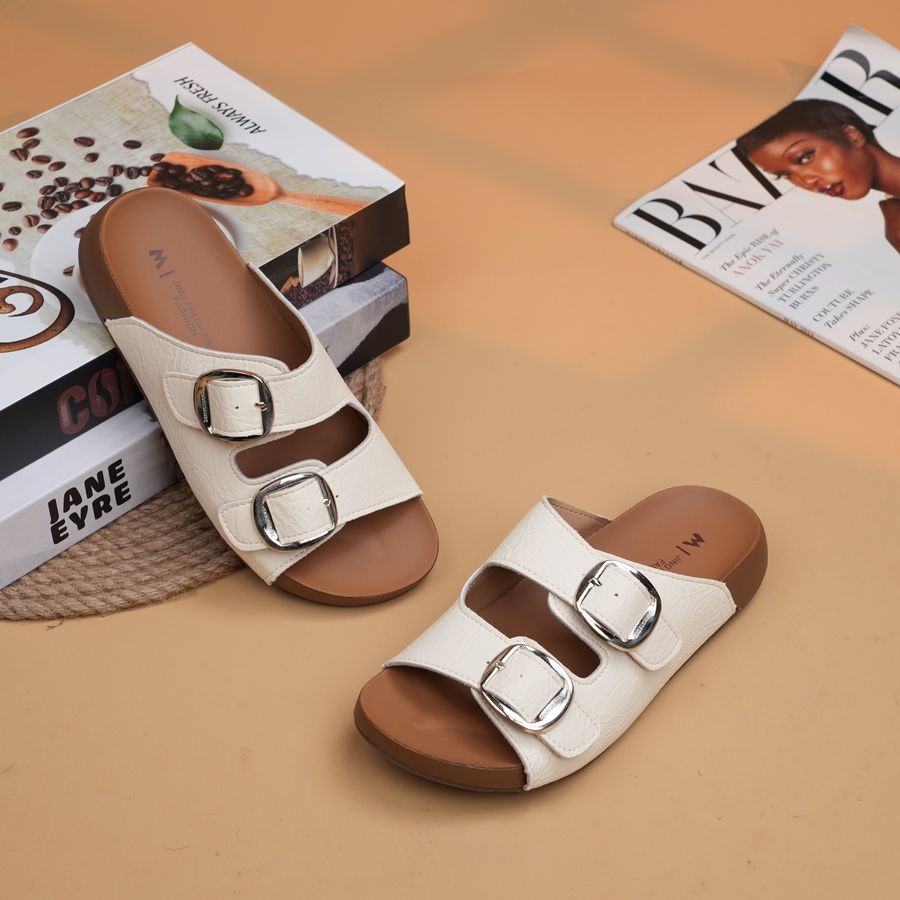 Dép quai ngang nữ TGG 198 quai cài 2 khóa da sần màu trắng kem size 35