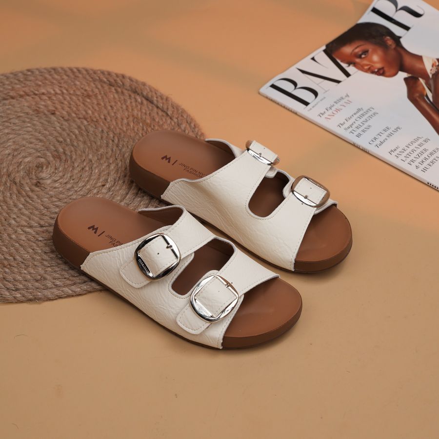 Dép quai ngang nữ TGG 198 quai cài 2 khóa da sần màu trắng kem size 36