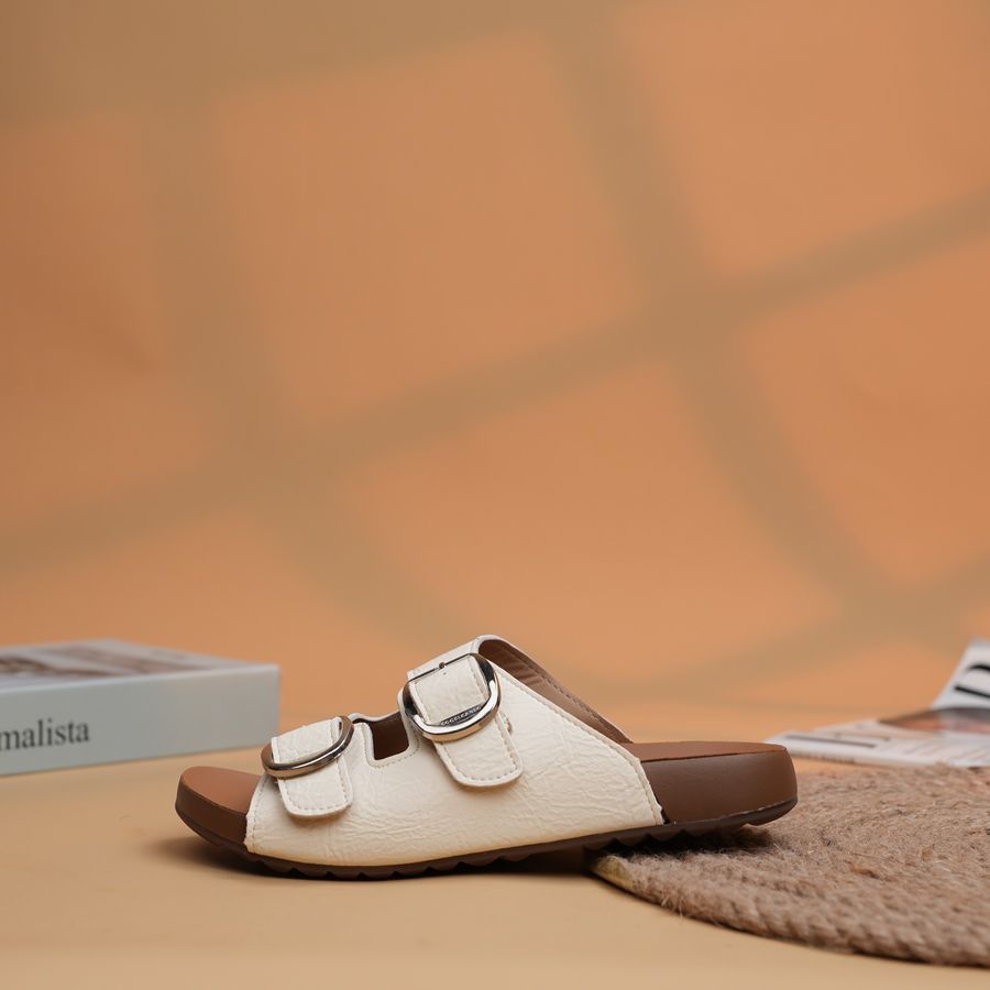 Dép quai ngang nữ TGG 198 quai cài 2 khóa da sần màu trắng kem size 36